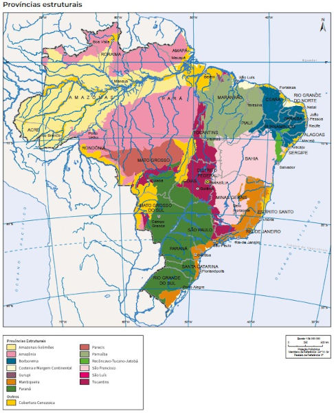 Mapa físico do Brasil elaborado pelo IBGE, exemplo de mapa temático, um dos tipos de mapa.