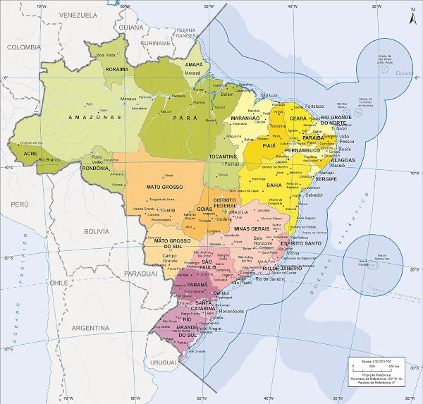 Mapa político do Brasil elaborado pelo IBGE, exemplo de mapa temático, um dos tipos de mapa.