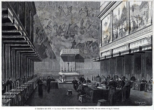 Ilustração retratando um conclave sendo realizado na Capela Sistina.