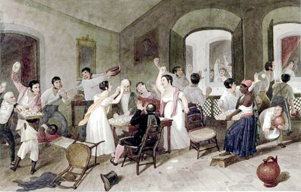 Pintura retratando o entrudo, que está ligado à origem do Carnaval no Brasil.