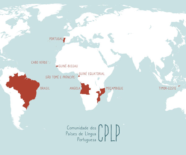 Mapa dos países que falam português.