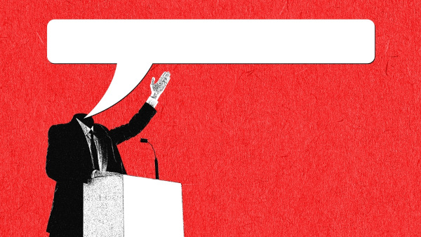 Ilustração do corpo de um homem discursando, um símbolo do poder político.
