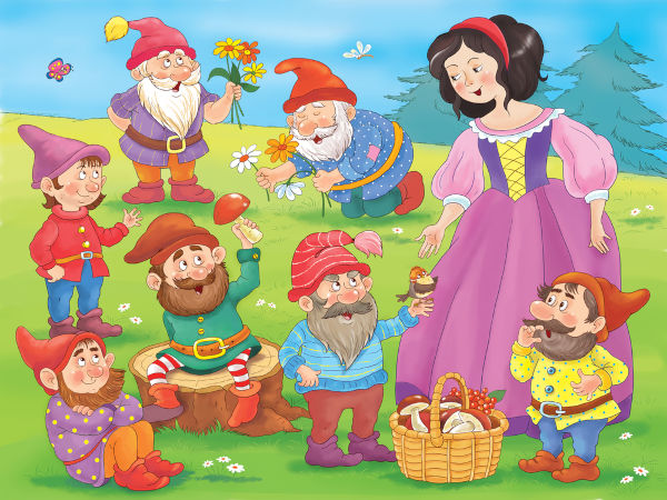 Ilustração representativa do conto de fadas “Branca de Neve e os Sete Anões”.