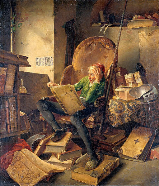 Pintura de Adolf Schroedter retratando Dom Quixote sentado em uma poltrona lendo romances de cavalaria.