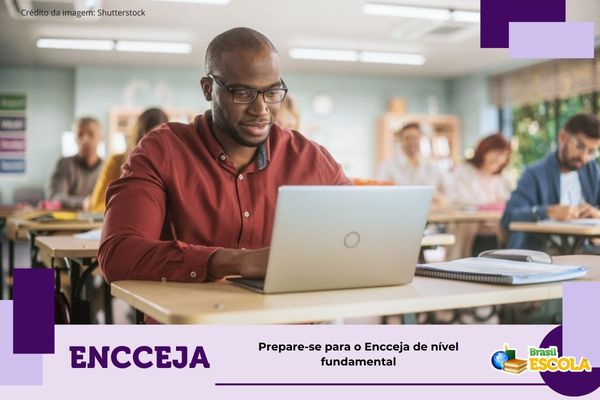 Adulto estuda. Texto na imagem: Prepare-se para o Encceja de nível fundamental.