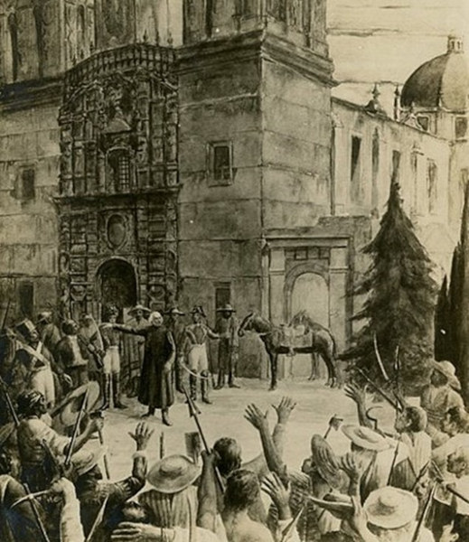 População em volta do padre Miguel Hidalgo e Costilla no Grito de Dolores, gravura sobre independência da América Espanhola.