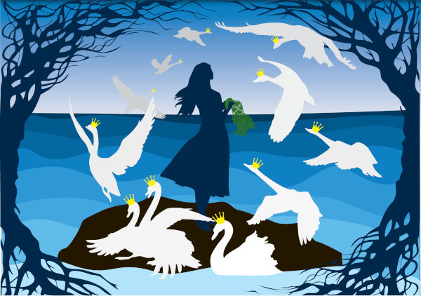 Ilustração representativa do conto de fadas “Os Cisnes Selvagens”.