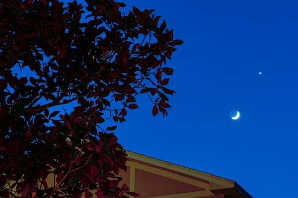 Imagem do céu na qual é possível observar o planeta Vênus próximo da Lua.