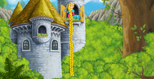 Ilustração representativa do conto de fadas “Rapunzel”.