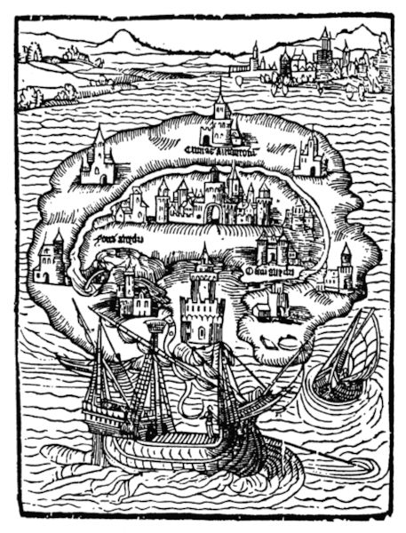 Barcos navegando em torno da Ilha de Utopia, em uma gravura de 1516.