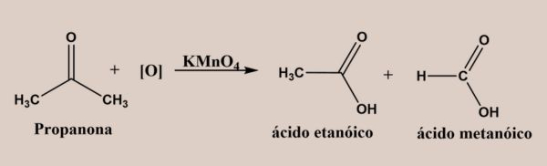 Reação de oxidação da propanona com permanganato de potássio em meio ácido, em suas fórmulas estruturais.