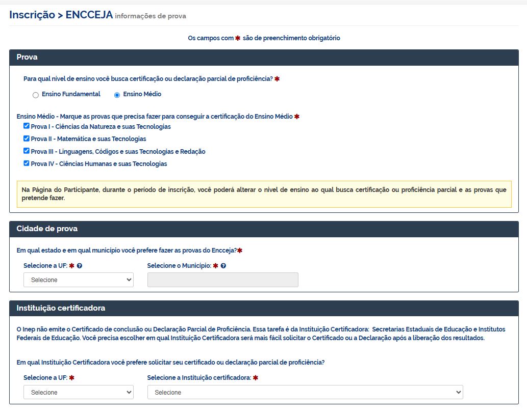 Página de inscrição do Encceja 