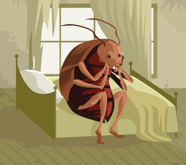 Ilustração da metamorfose vivida por Gregor Samsa, que se transforma numa barata.