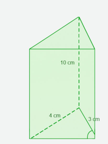 Ilustração de um triângulo retângulo, com medidas da base e da altura, usadas para medir o volume do prisma.