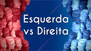 Título "Esquerda vs direita" escrito em fundo azul com pessoas em azul na direita e pessoas em vermelho na esquerda, em alusão à dualidade.