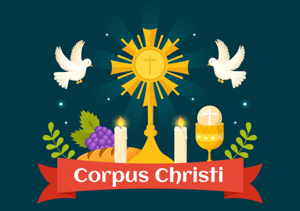 [imagem_principal] Ilustração do pão, da uva representando o vinho e da hóstia, elementos da Eucaristia, celebrada no Corpus Christi.