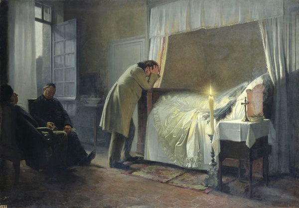 Charles Bovary lamentando sobre o leito de morte de Madame Bovary, cena retratada em uma pintura.