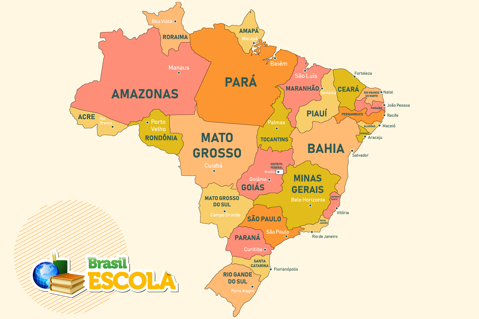 Mapa do Brasil mostra estados e capitais do país.