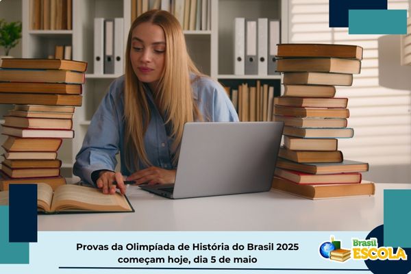 Mulher estudante. Texto na imagem: Provas da Olimpíada de História do Brasil 2025 começam hoje, dia 5 de maio