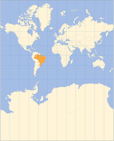 Mapa-múndi produzido através da projeção de Mercator. Fonte: IBGE.