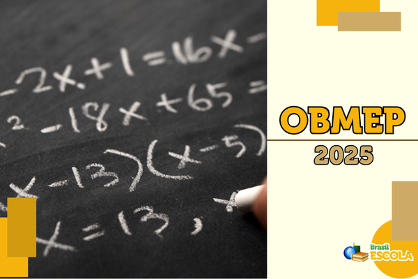 Quadro com conta matemátoca, fundo amarelo claro. Texto: Obmep 2025