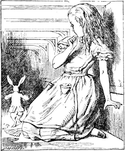 Ilustração original do livro “Alice no País das Maravilhas” em que Alice vê novamente o coelho.