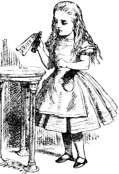 Ilustração original do livro “Alice no País das Maravilhas” em que Alice está com a garrafa “beba-me”.