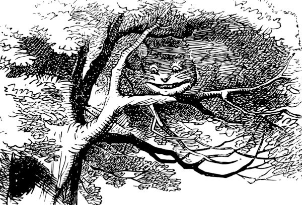 Ilustração original do livro “Alice no País das Maravilhas” em que Alice fala com o Gato de Sorriso.