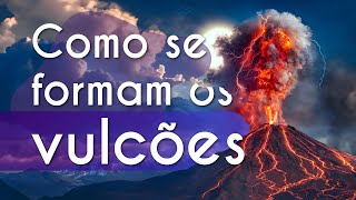 Título "Como se formam os vulcões" escrito sobre imagem de um vulcão em erupção durante a noite.