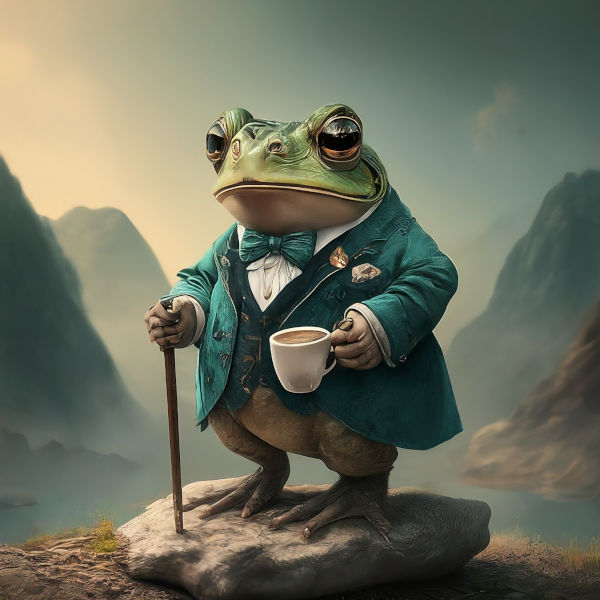 Sapo vestido como um ser humano e segurando uma bengala e xícara de café, um exemplo de antropomorfismo.
