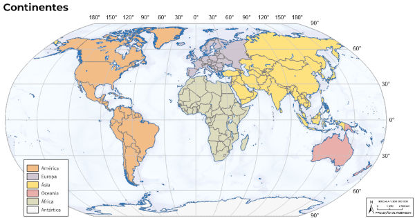 Mapa do mundo mostra os continentes da Terra e apresenta todos os elementos típicos de um mapa.