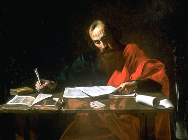 Pintura retratando apóstolo Paulo escrevendo as epístolas que compõem uma parte importante do Novo Testamento.