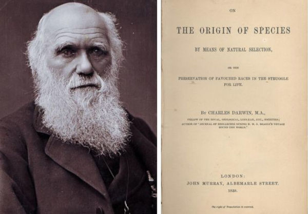 Fotografia de Charles Darwin ao lado da primeira página do seu livro sobre a teoria da evolução.