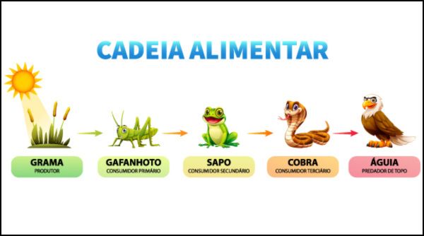 Sequência de organismos e animais de uma cadeia alimentar. 