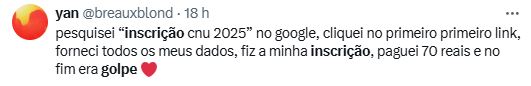 Publicação na internet sobre o golpe na taxa de inscrição da PND 2025