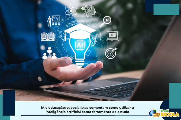 Ma~so de um homem na frente de um computador com imagesn relacionadas a IA. Texto: título da notícia