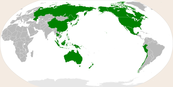 No mapa, em verde, estão os países e territórios que formam a Apec.