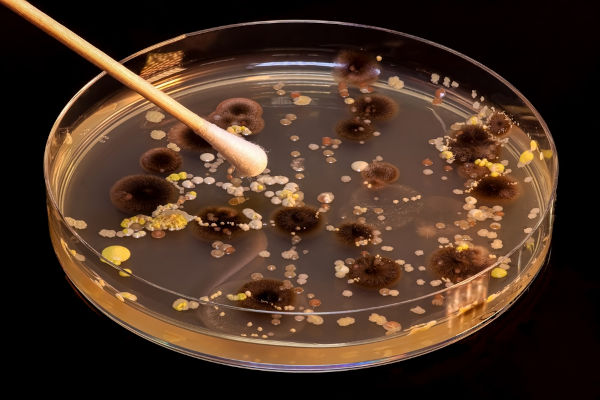Lente microscópica com amostras de bactérias, seres de células procariontes. Lente microscópica com amostras de bactérias, seres de células procariontes.