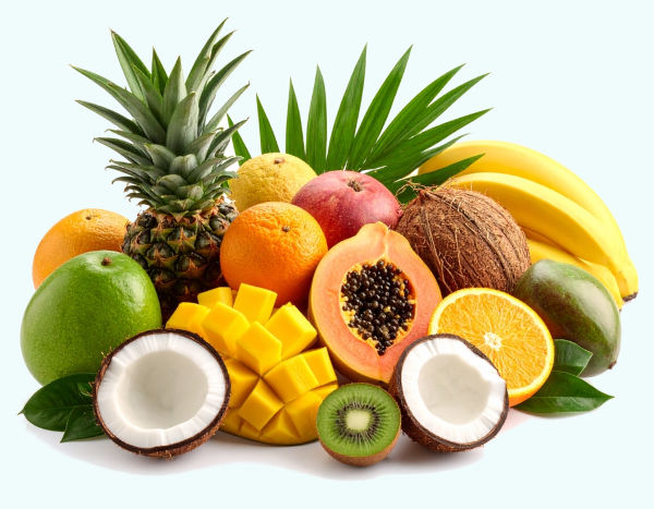 Variedade de frutas, alimentos de origem vegetal.