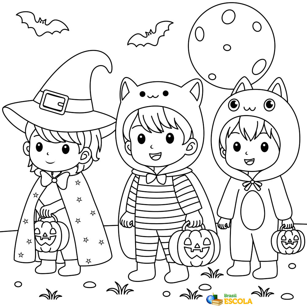 Desenho para colorir de crianças brincando no halloween