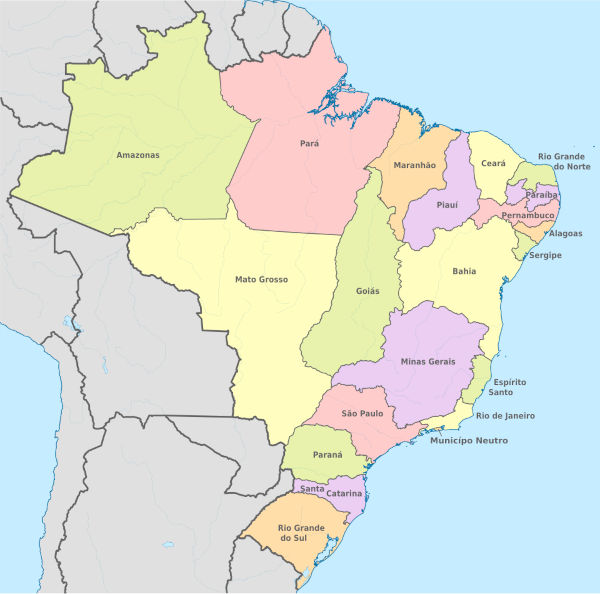 Mapa mostrando a divisão regional do Brasil em 1889.