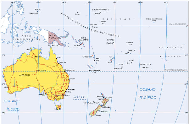 Mapa da Oceania para imprimir. 