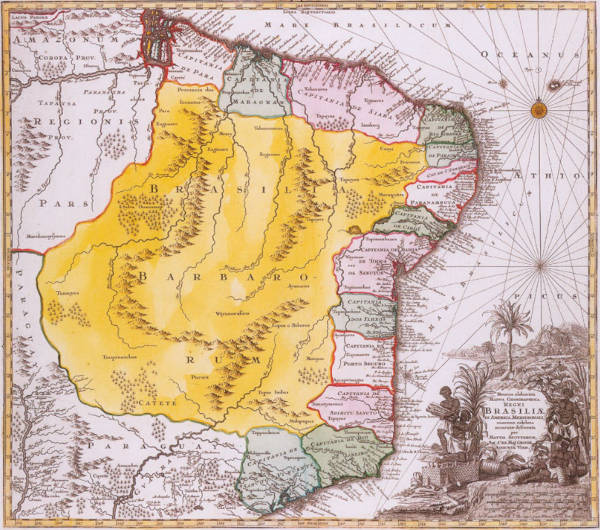 Mapa mostrando a primeira divisão regional do Brasil: capitanias hereditárias.