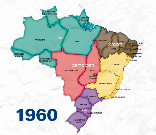 Mapa mostrando a regionalização do Brasil feita pelo IBGE em 1960.