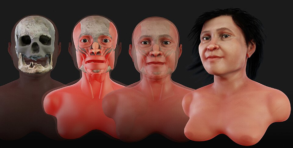 Reconstituição do esqueleto de Eva de Naharon, mulher pertencente a um dos primeiros povos da América.