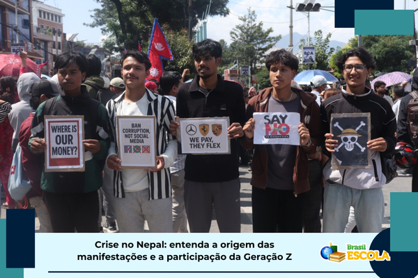 Foto de manifestantes no Nepal. Texto: título da imagem