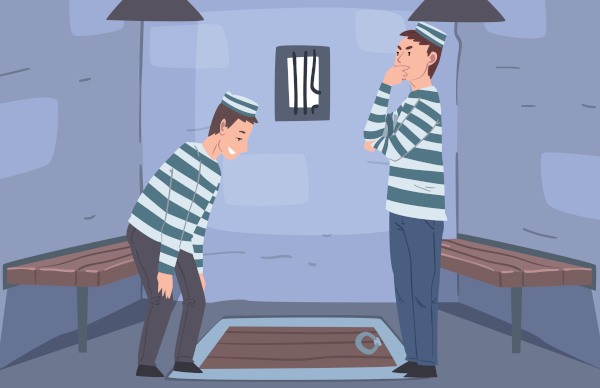 Dois prisioneiros em uma sela, em texto sobre o dilema do prisioneiro. 