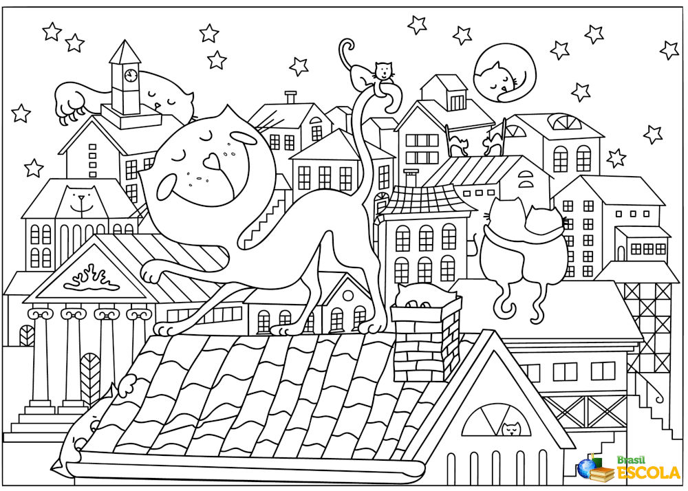 desenho para colorir gatos nos telhados