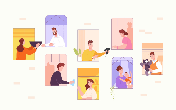 Ilustração de vizinhos se ajudando entre janelas, representando a solidariedade mecânica.