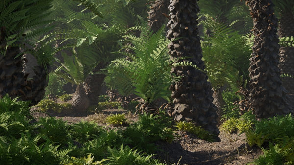 Modelo de uma floresta do Período Triássico.